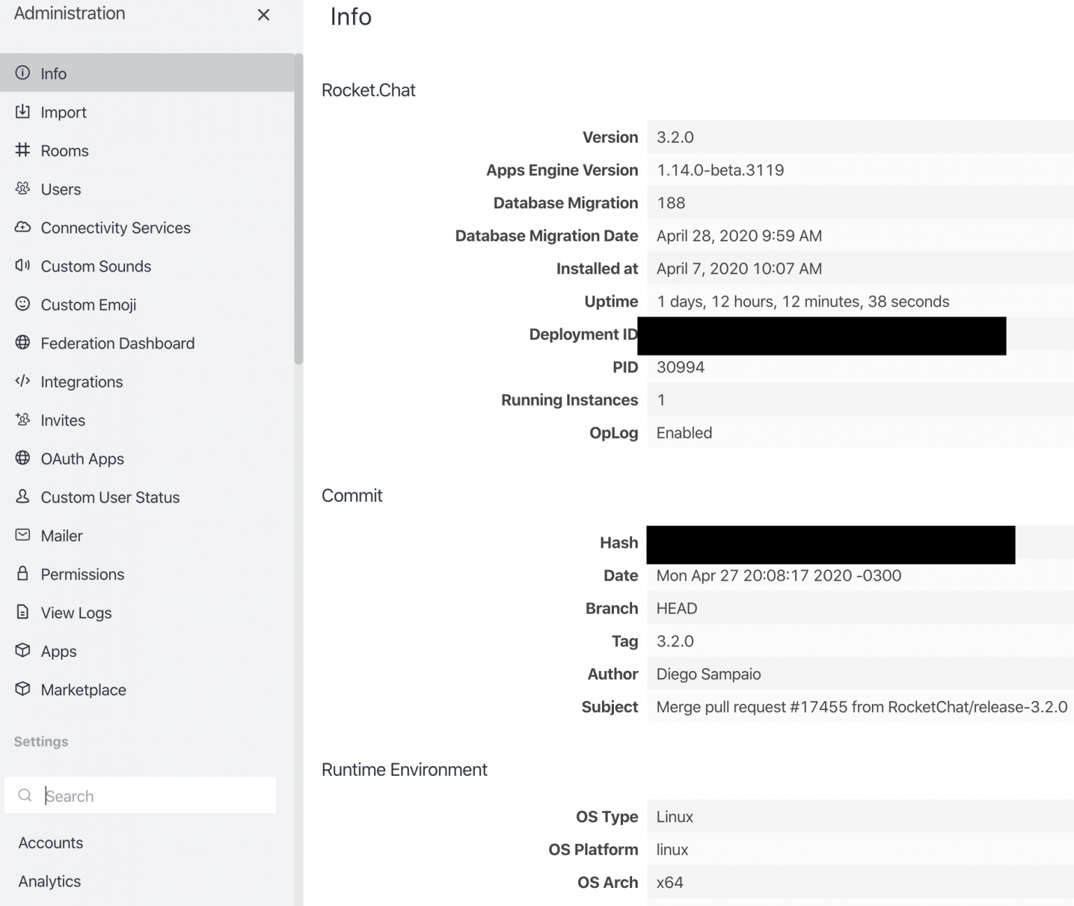 rocketchat versions